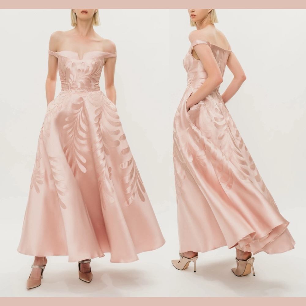 NWT $1150 Hynes Park [ 12 ] A-Line Off the Shoulder‎ Dress Gown in Blush #J2276